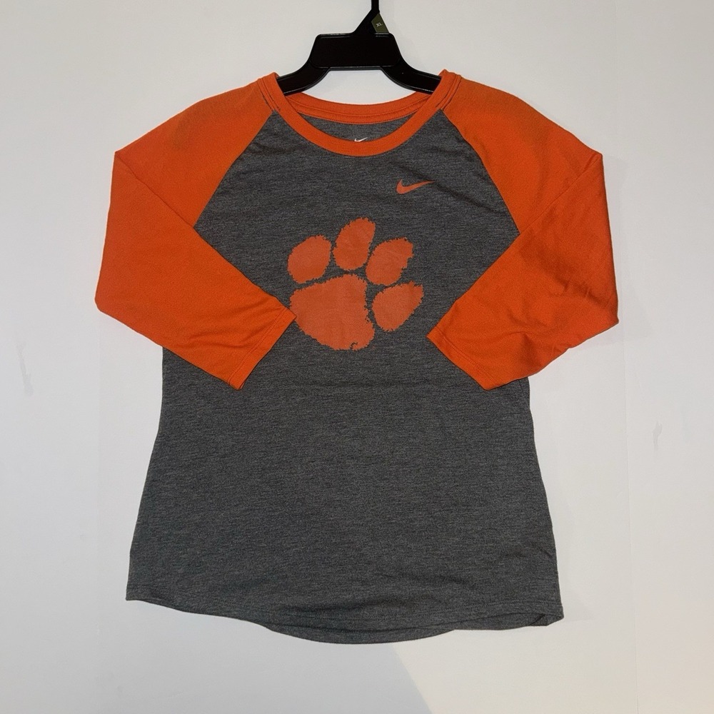 Men's Medium Nike Tee Clemson Tigers 3/4 Sleeve Colorblock Gray Orange Crew Neck